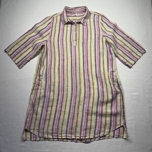 Elan Linen Tunic Dress M Striped Beach Cover Up Pockets Roll Tab Sleeve